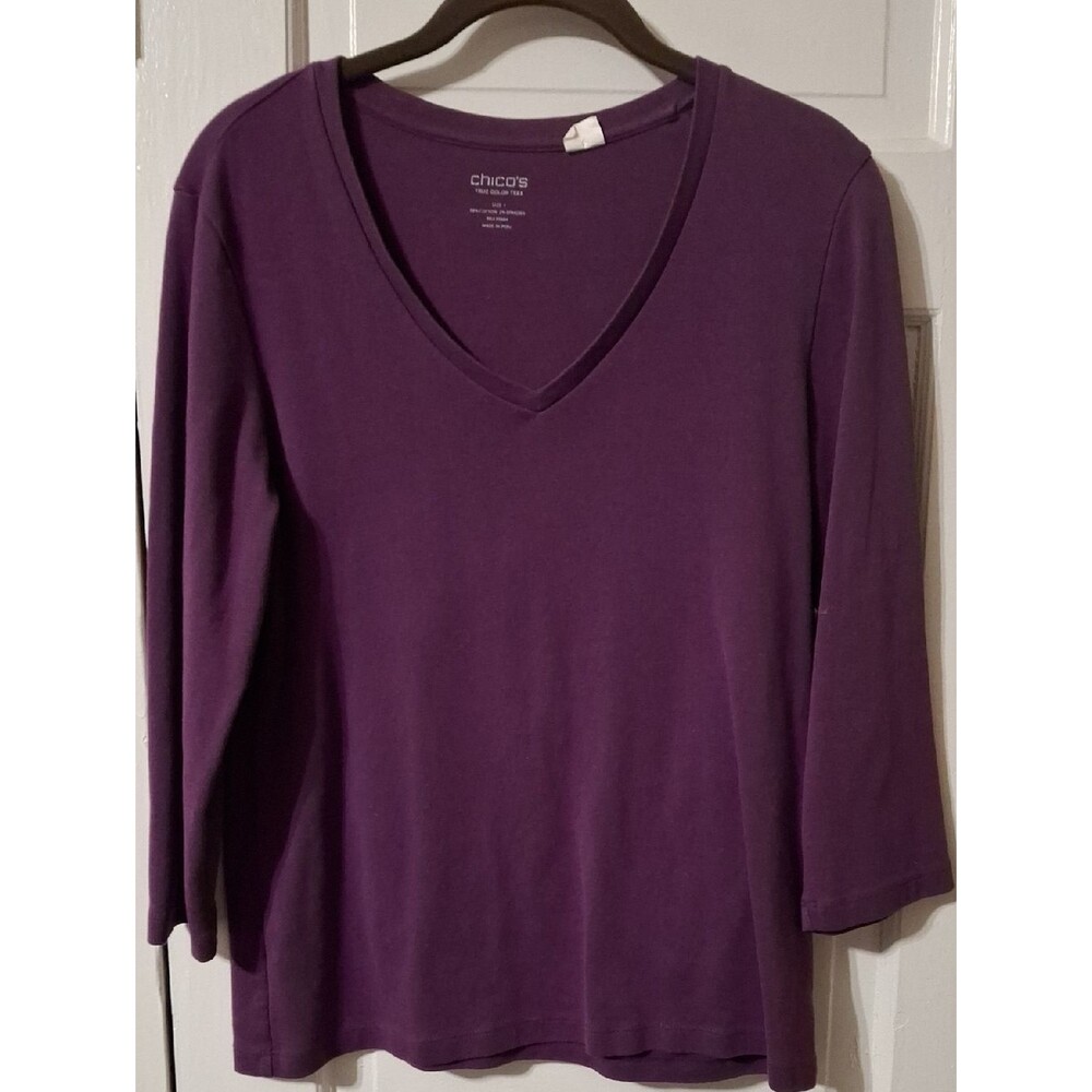 Chico's Deep Purple V-Neck Long Sleeve Tee (Mis231)